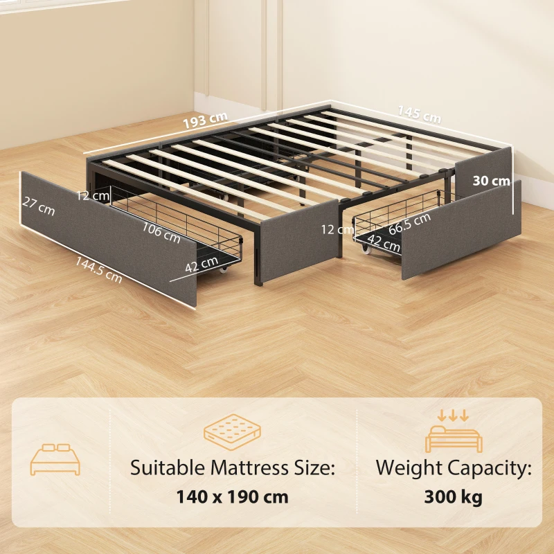 HOMCOM Letto contenitore 140x190 cm con 3 cassetti e rete a doghe, Grigio