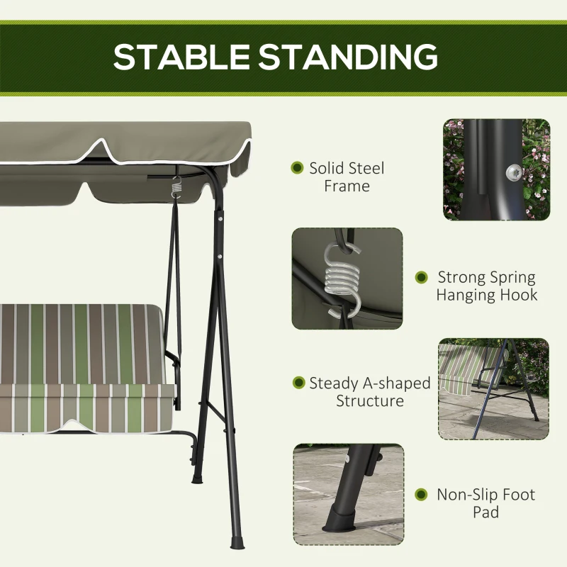 Outsunny Three-Seater Garden Swing Chair, with Adjustable Canopy - Green