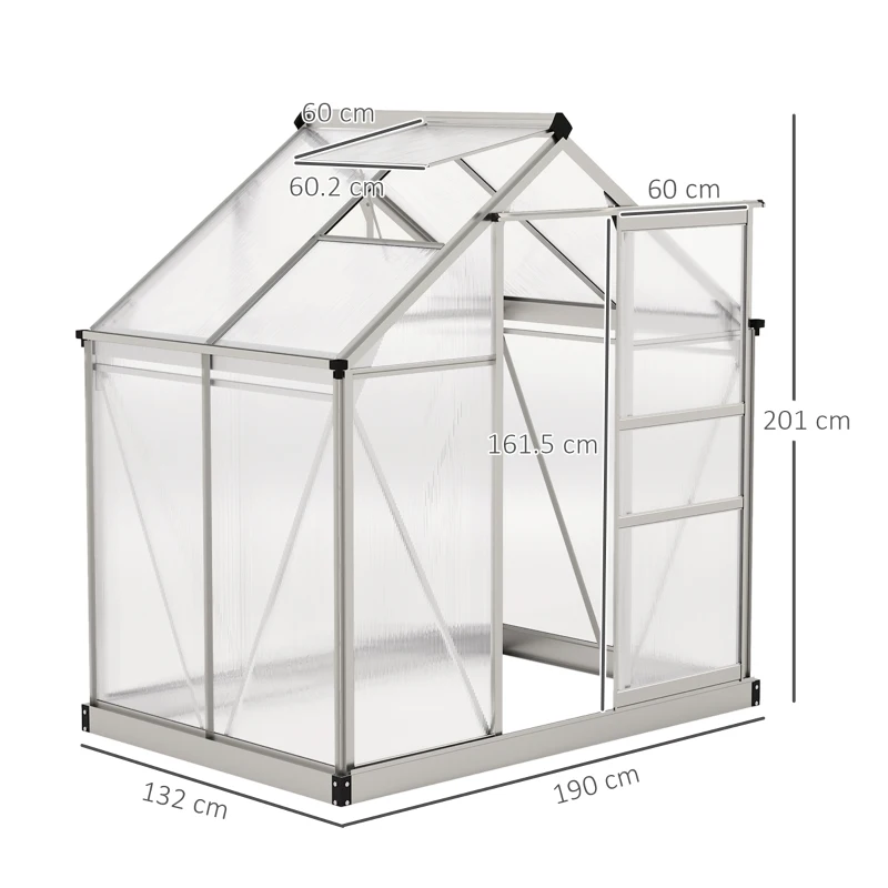 Outsunny Polycarbonate Greenhouse, Large Walk-In Green House with Slide Door and Window, Aluminium Frame, 6x4ft, Silver Tone