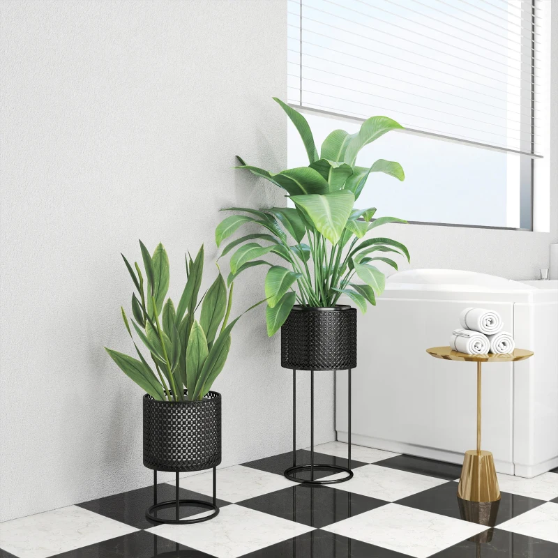 Outsunny Metal Plant Pots Set of 2 with Hollow Design Flower Planters for Garden Balcony Black