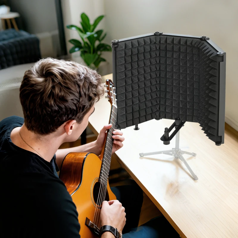 HOMCOM Studio Microphone Isolation Shield, Foldable Adjustable Recording Studio Equipment, 3-Panel High Density Absorbent Foam Shield with 3/8" Threaded Mount, Black