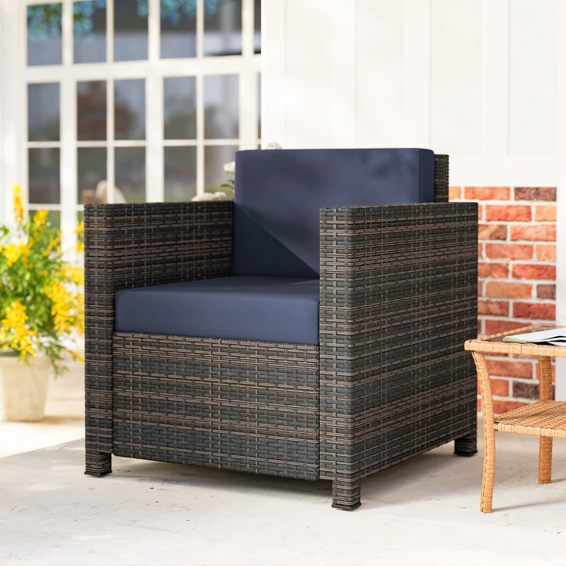 Outsunny PE Rattan Garden Armchair with Cushion - Mixed Brown/Navy Blue