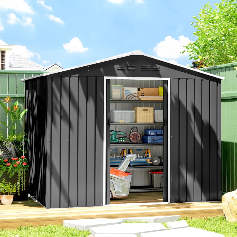 Outsunny 8 x 6ft Galvanised Steel Shed, with Double Door - Dark Grey