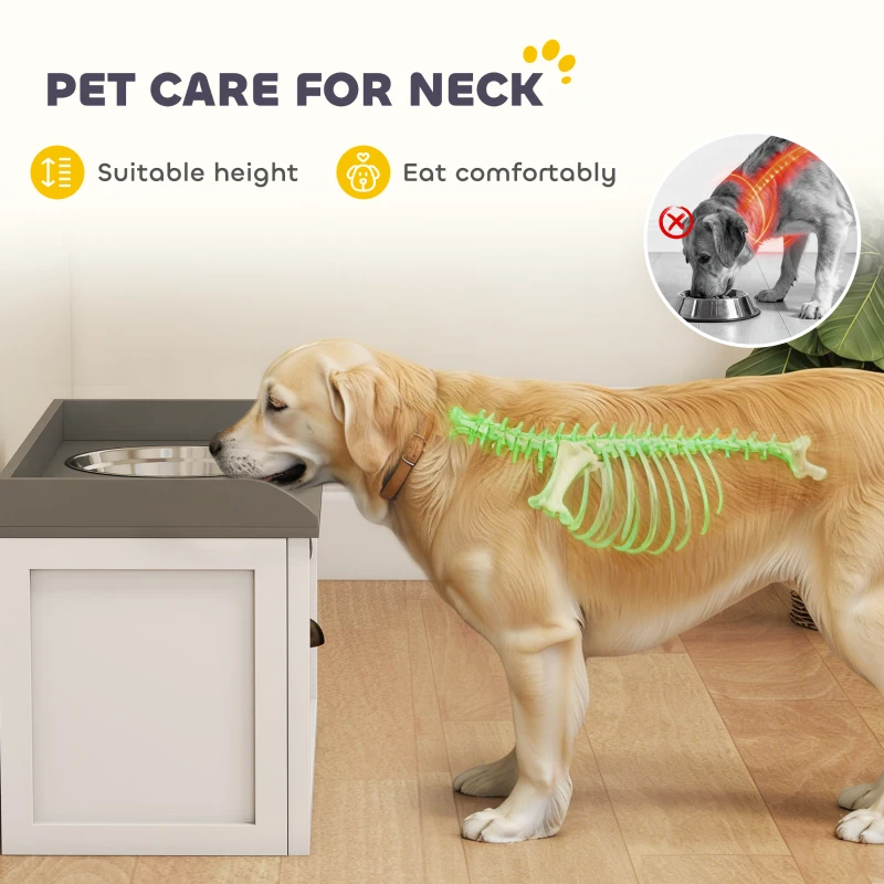 PawHut Stainless Steel Raised Dog Bowls, with 21L Storage Drawer for Large Dogs and Cats - White