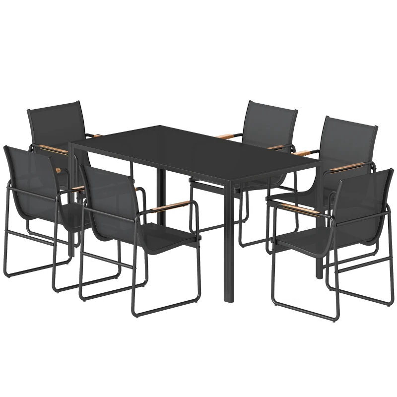 Outsunny 7-Piece Outdoor Glass Dining Set, Garden Table and Chairs, Black