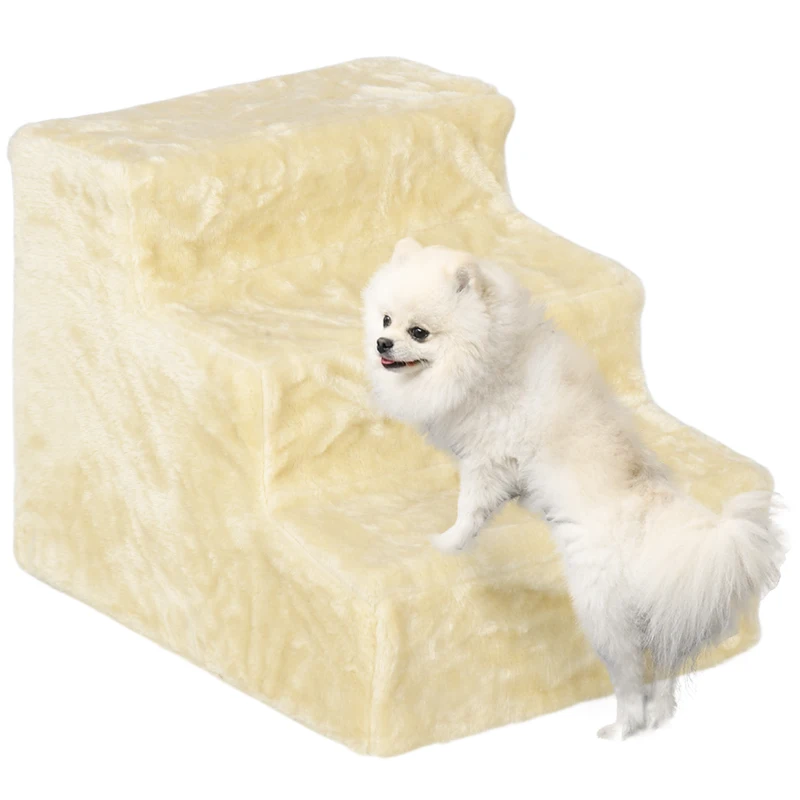 PawHut Three-Step Dog Stairs, with Washable Plush Cover, for High Bed Sofa, Dog Stairs for Small Dog and Cat - Beige