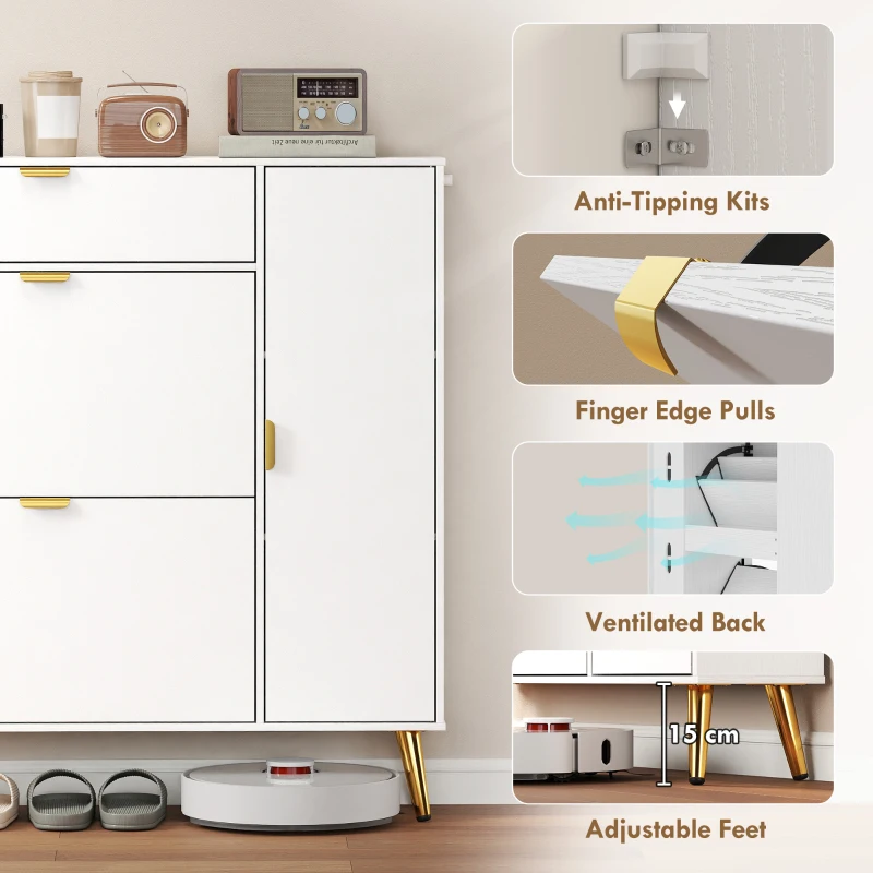 HOMCOM Dulap pentru pantofi 12 perechi, dulap pentru încălțăminte, 2 sertare basculante, 4 compartimente, 99,4x23,8x106,6cm, alb