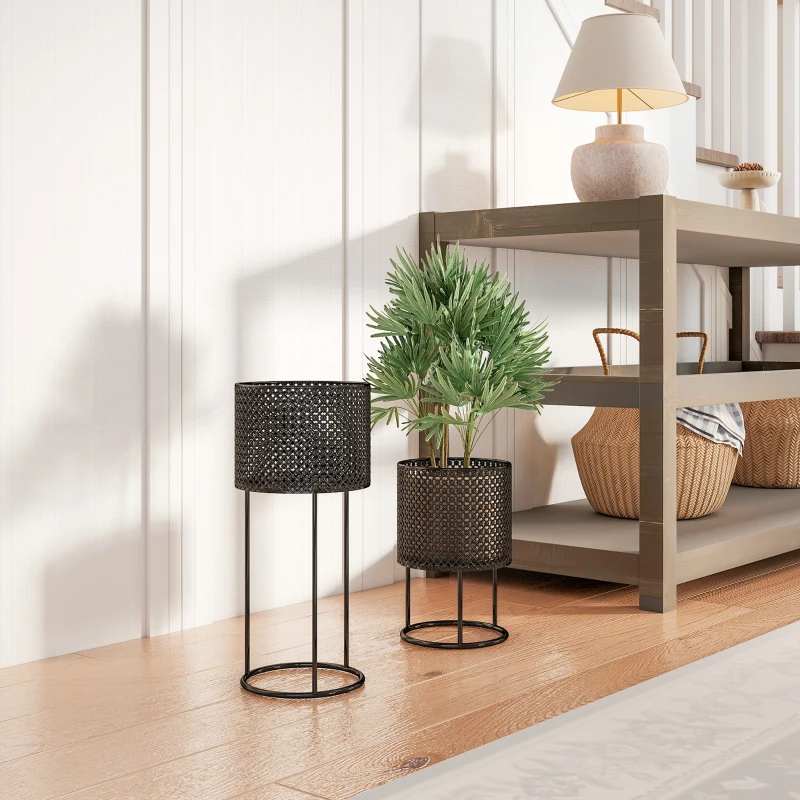 Outsunny Metal Plant Pots Set of 2 with Hollow Design Flower Planters for Garden Balcony Black