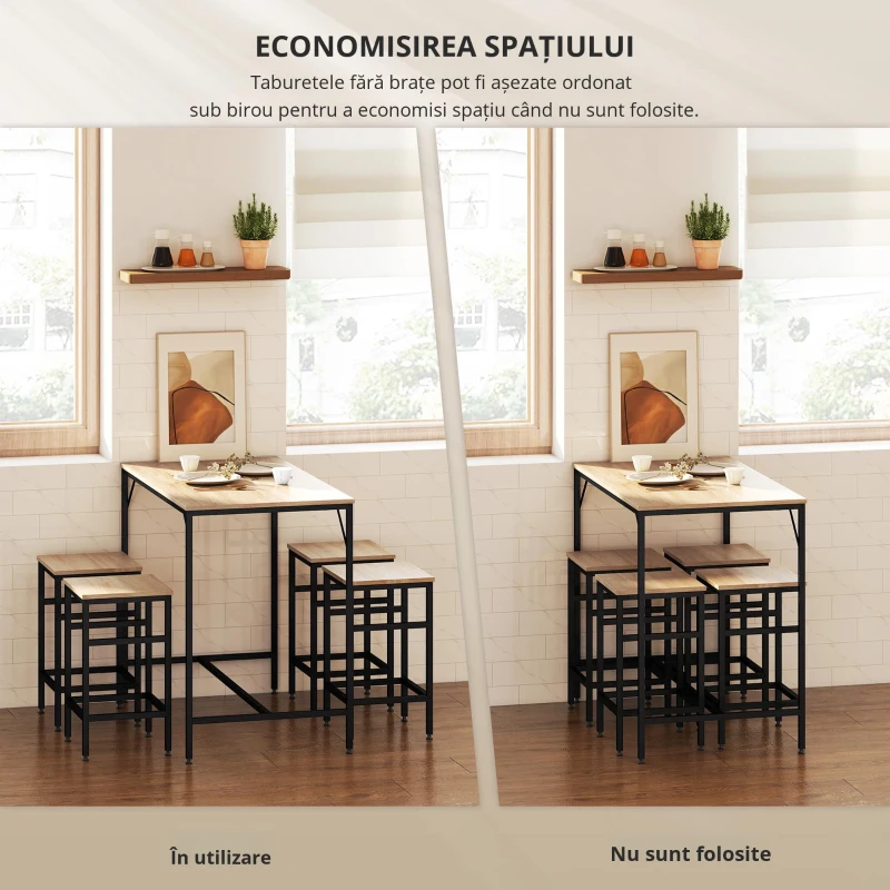 Homcom Set Masa inaltata + 4 Scaune Stil Industrial – Metal & Lemn, Ideal pentru Living/Bucatarie