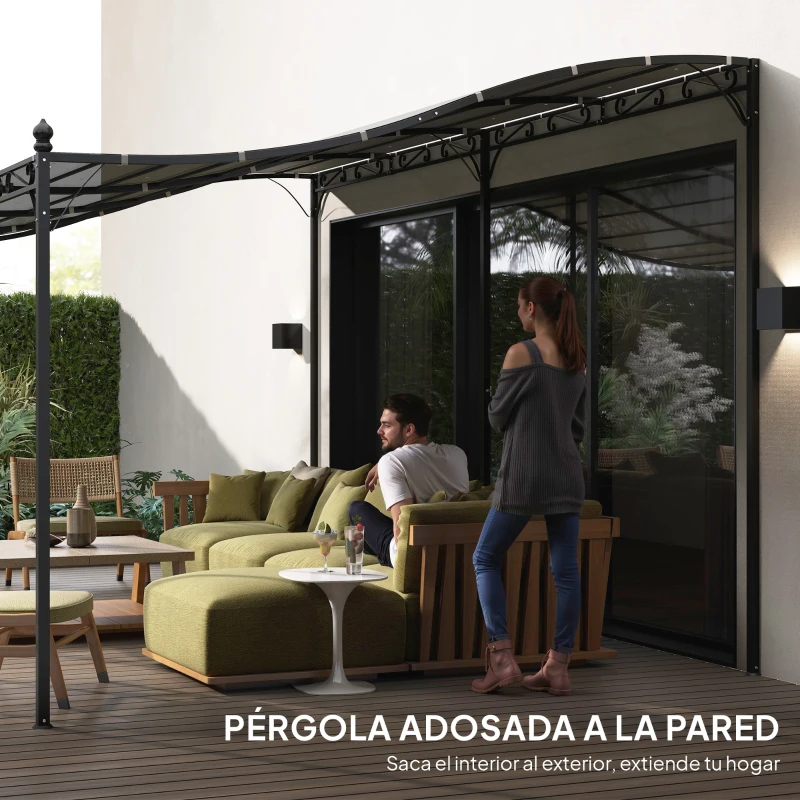 Outsunny Pérgola de Pared 3x6 m con Techo Inclinado Orificios de Drenaje y Estructura Metálica Gris Oscuro