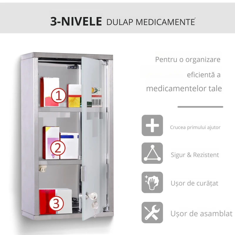 HOMCOM Dulapior pentru Medicamente, in Sticla si Otel Usa si 2 Chei Prim Ajutor Cutie Medicamente 48x25cm