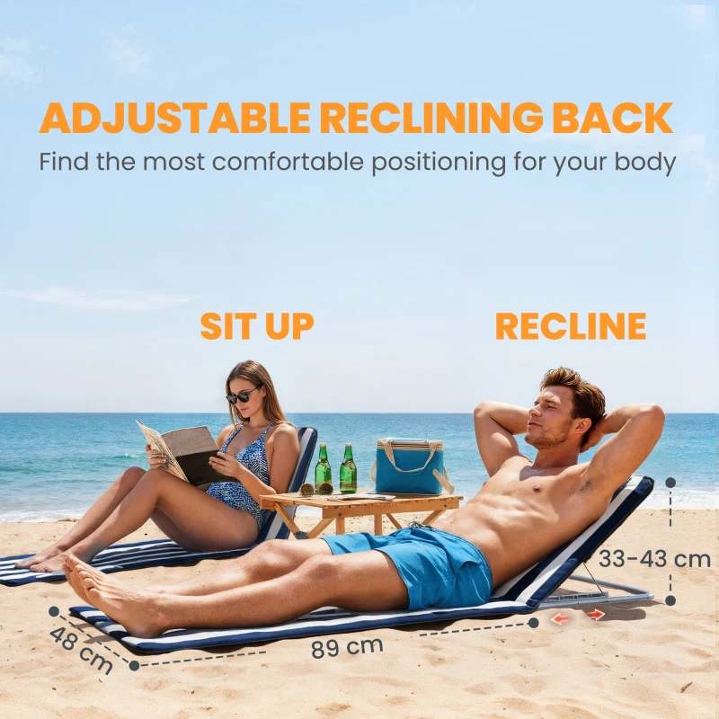Outsunny Składany leżak plażowy z poduszką, 5-stopniowe oparcie, torba, niebieski