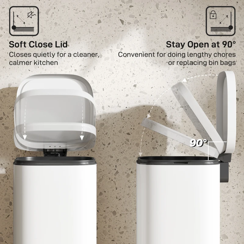 HOMCOM 30L Kitchen Bin, Compact Pedal Bin with Soft-Close and Stay-Open Lid, Removable Bucket for Kitchen, Home, Office, Cream