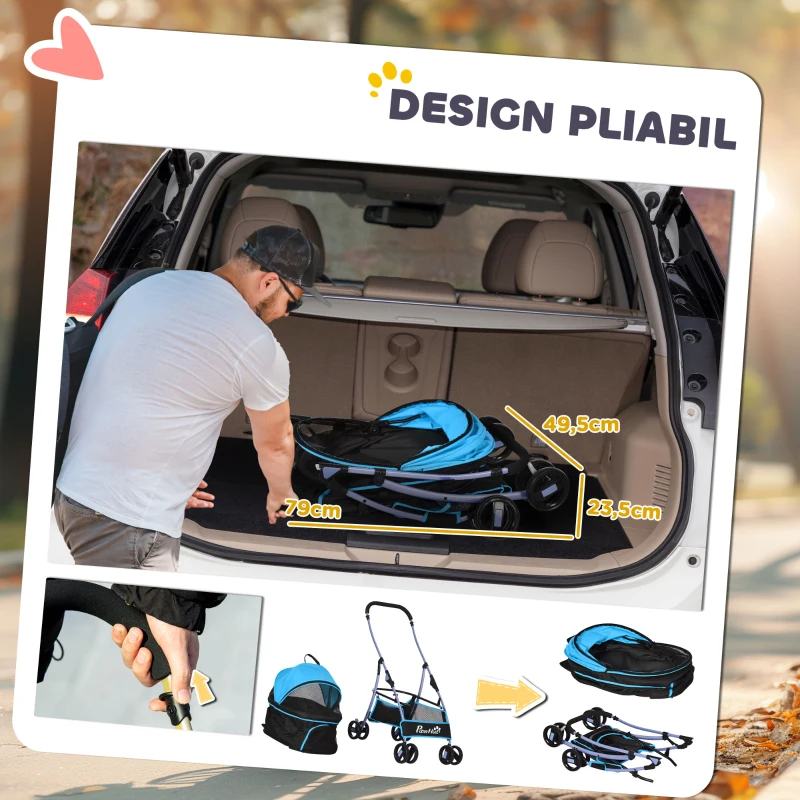PawHut Cărucior pentru Câini Pliabil și Convertibil în Geantă de Transport cu 2 Lese și Pernă, 82x49.5x98 cm, Albastru
