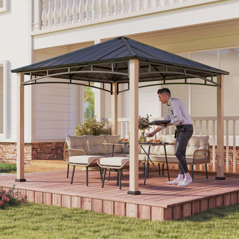 Outsunny 3 x 3 m Decorative Metal Gazebo - Black/Wood-Effect