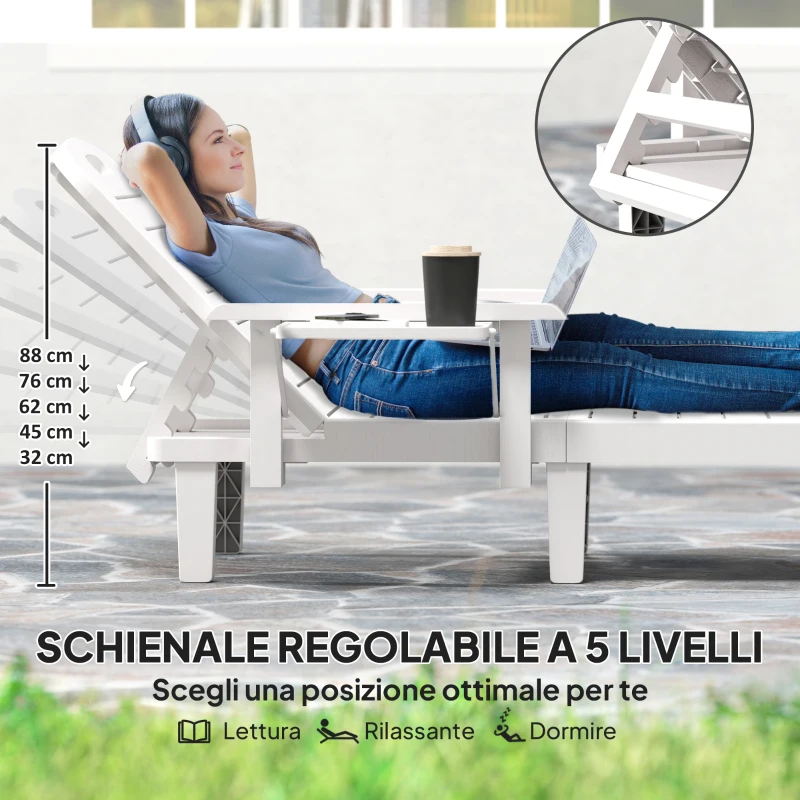 Outsunny Set 2 Sdraio da Giardino Regolabili con Tavolino e Braccioli, in Polipropilene, 79x158x88 cm, Bianco
