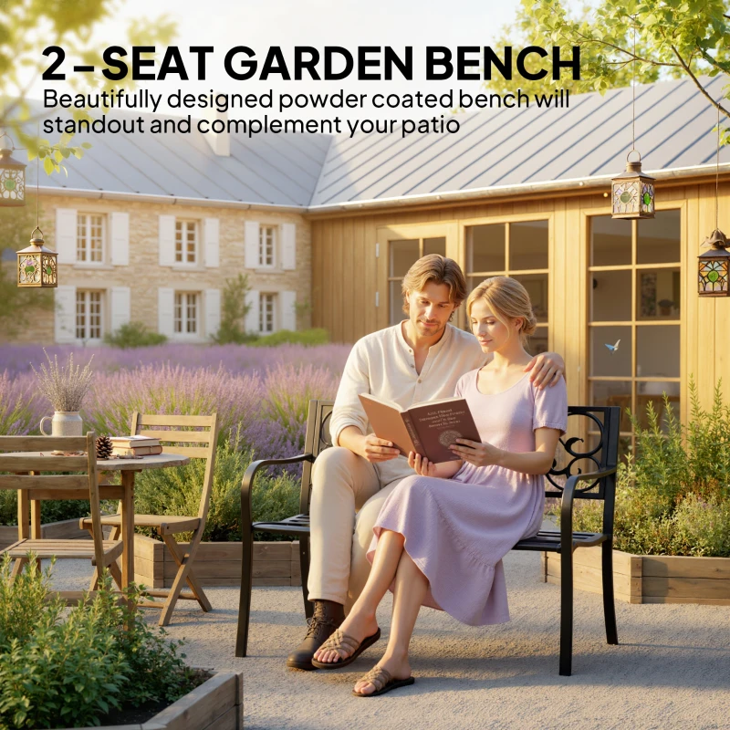 Outsunny Metal Garden Bench with Floral Backrest and Armrests - Black