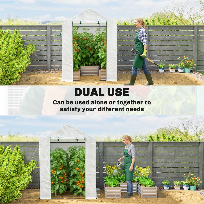 Outsunny Small Greenhouse with Raised Garden Bed, Galvanised Walk-in Greenhouse with Roll Up Windows, 141 x 141 x 190 cm, White