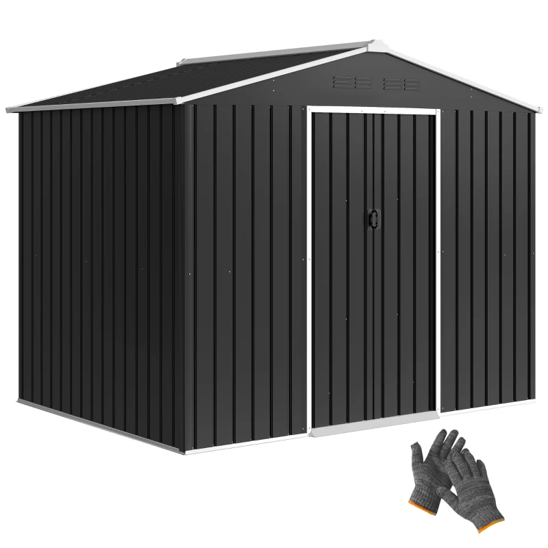 Outsunny 8 x 6ft Galvanised Steel Shed, with Double Door - Dark Grey