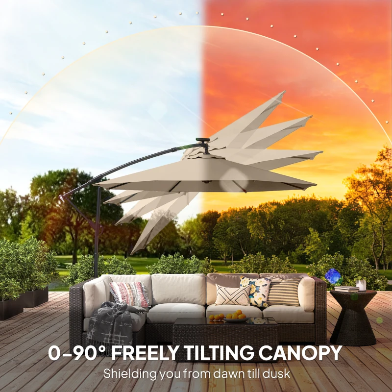 Outsunny Parasol ogrodowy LED Solar Ø300 cm obrotowy z korbą, stojakiem, pokrowcem beżowy