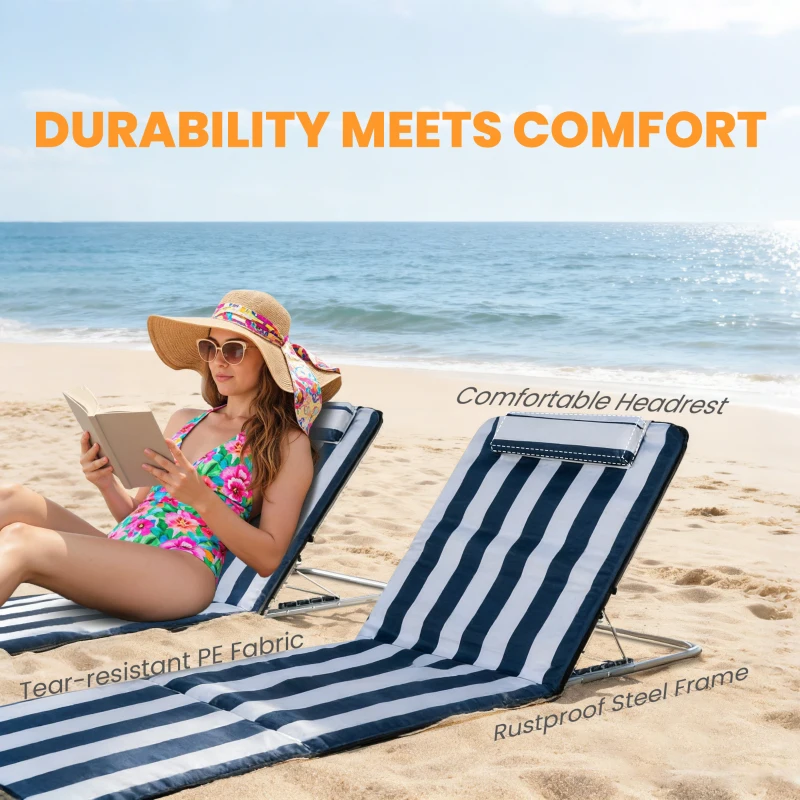 Outsunny Składany leżak plażowy z poduszką, 5-stopniowe oparcie, torba, niebieski