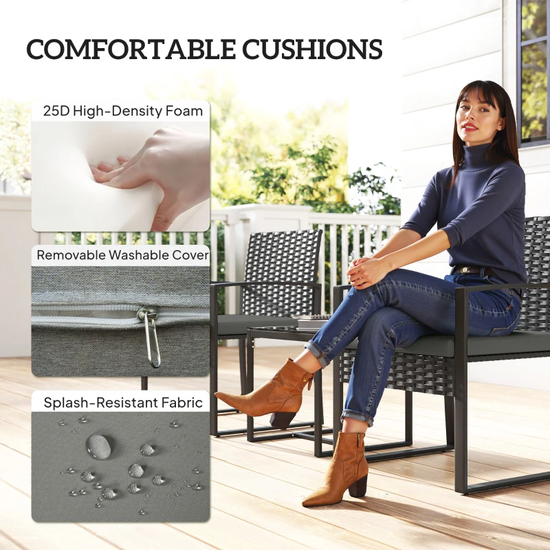 Outsunny Rattan Bistro Set, 3 Piece Garden Furniture Set with Glass Top Table and Cushions, Dark Grey