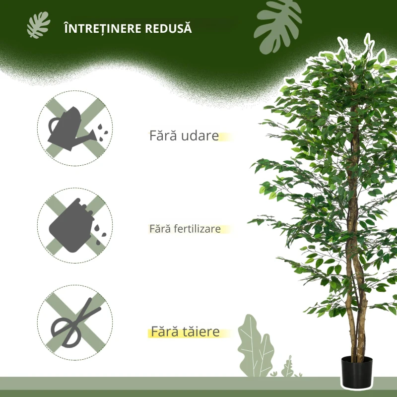 HOMCOM Plantă Artificială de Ficus cu 1260 Frunze, Plantă Artificială cu Ghiveci Inclus, Ø17,5x14,5 cm, Verde