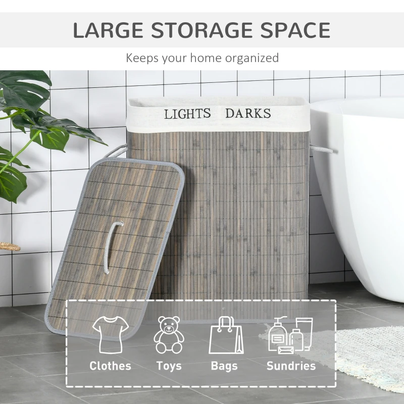 HOMCOM 100L Laundry Basket with Flip Lid String Handles, 2 Section Foldable Laundry Hamper with Removable Lining Dirty Clothes Storage, Grey