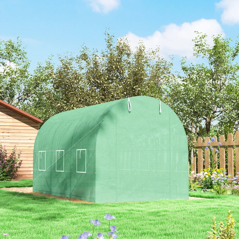Outsunny 3.5 x 2m Walk-In Polytunnel Greenhouse with Roll-Up Door and 6 Windows, Garden Plant Shelter, Steel Frame, PE Cover, Green