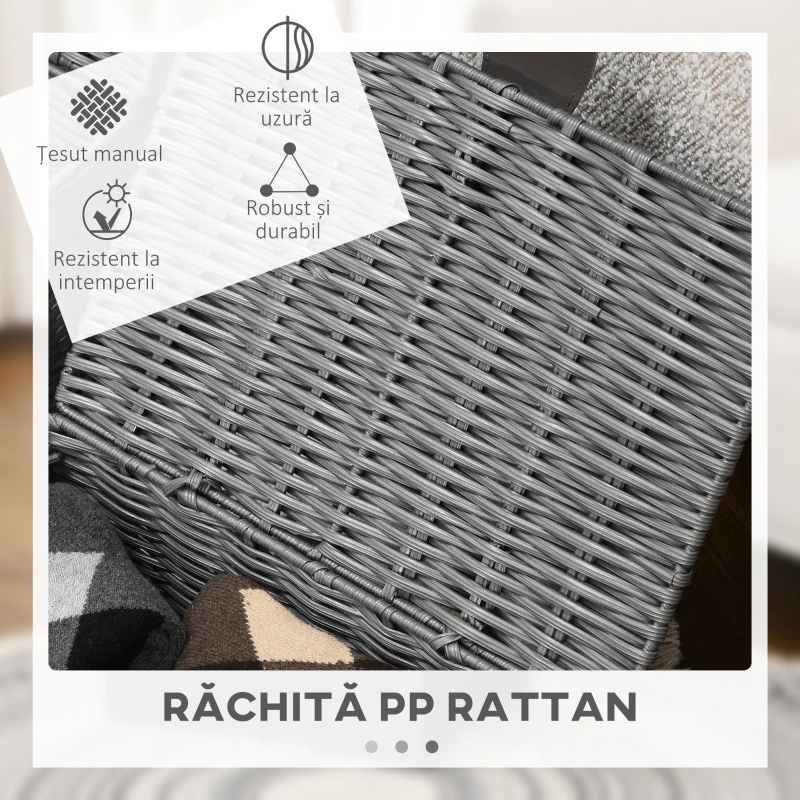 HOMCOM Set de 3 cosuri din rachita PP cu capac, containere dreptunghiulare de diferite dimensiuni, gri