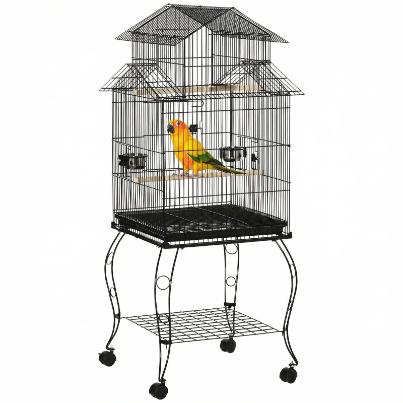 PawHut Jaula para Pájaros con Ruedas Pajarera con Soporte y Estante para Cacatúa ninfa Cotorra del Sol 50x49x137 cm Negro