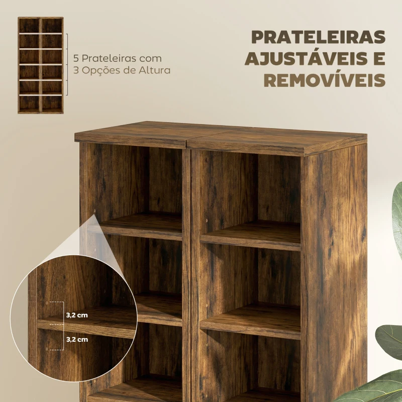 HOMCOM Conjunto de 2 Estantes para CDs e DVDs com 12 Compartimentos Prateleiras Ajustáveis 21x22,5x88,5 cm Castanho Rústico