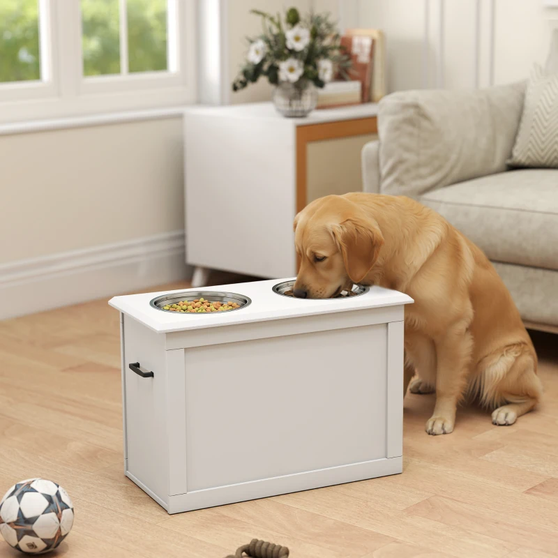 PawHut Raised Dog Bowls, with Storage, Two Stainless Steel Bowls, Elevated Base - White