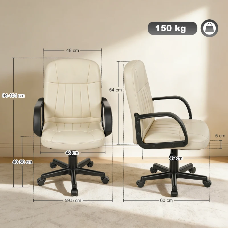 HOMCOM Executive Office Chair for Home, Mid Back PU Leather Computer Desk Chair for Adults with Arm, Wheels, Cream