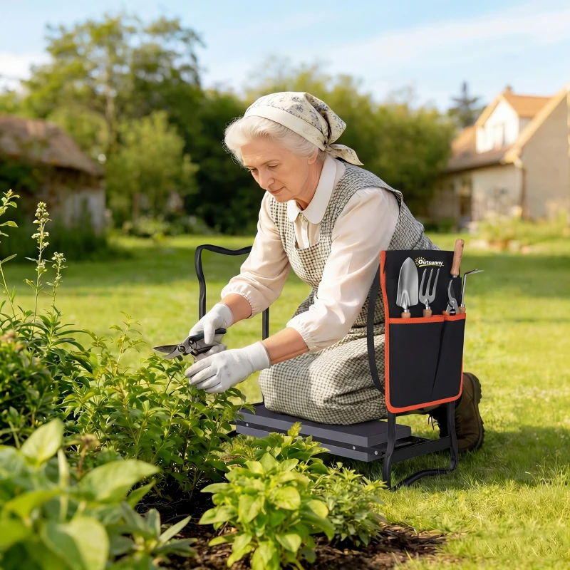 Outsunny Taburete de Jardín Plegable con Almohadilla de EVA Asiento de Jardín con Bolsa para Herramientas en Cintura Carga 150kg