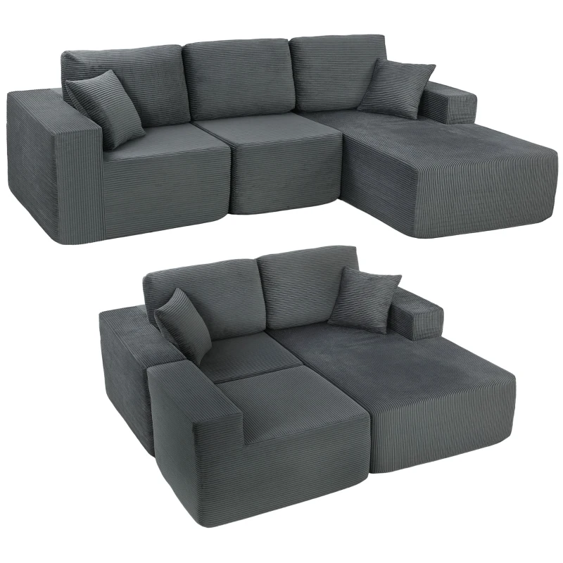 HOMCOM Modulares Ecksofa, L-förmiges Sofa-Bett mit tiefem Sitz, breiten Armlehnen, 2 Kissen, Dunkelgrau