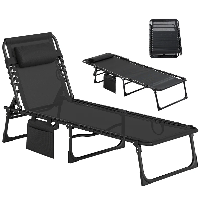 Outsunny Portable Sun Lounger, Folding Camping Bed Cot, Reclining Lounge Chair 5-position Adjustable Backrest with Side Pocket, Pillow for Patio Garden Beach Pool, Black