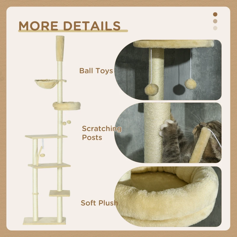 PawHut IE Located Floor to Ceiling Cat Tree, Adjustable Height, Cat Climbing Tower with Carpeted Platforms, Cozy Bed, Hammock, Scratching Posts, Toy Balls, Activity Center for Kittens, Beige