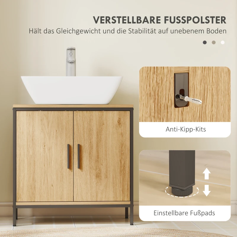 HOMCOM Waschbeckenunterschrank Badezimmer Unterschrank mit 2 Türen, einstellbarem Regal Badezimmerschrank mit Stahlrahmen, für Waschbecken ohne Sockel, Eiche, 60x30x60 cm