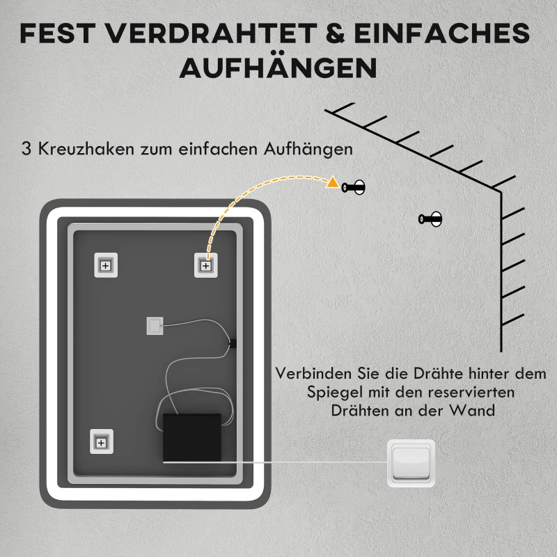 HOMCOM Badezimmerspiegel, beleuchtet, Touch-Steuerung, beschlagfrei, dimmbar, 3 Lichtfarben, 60 x 80, Silber