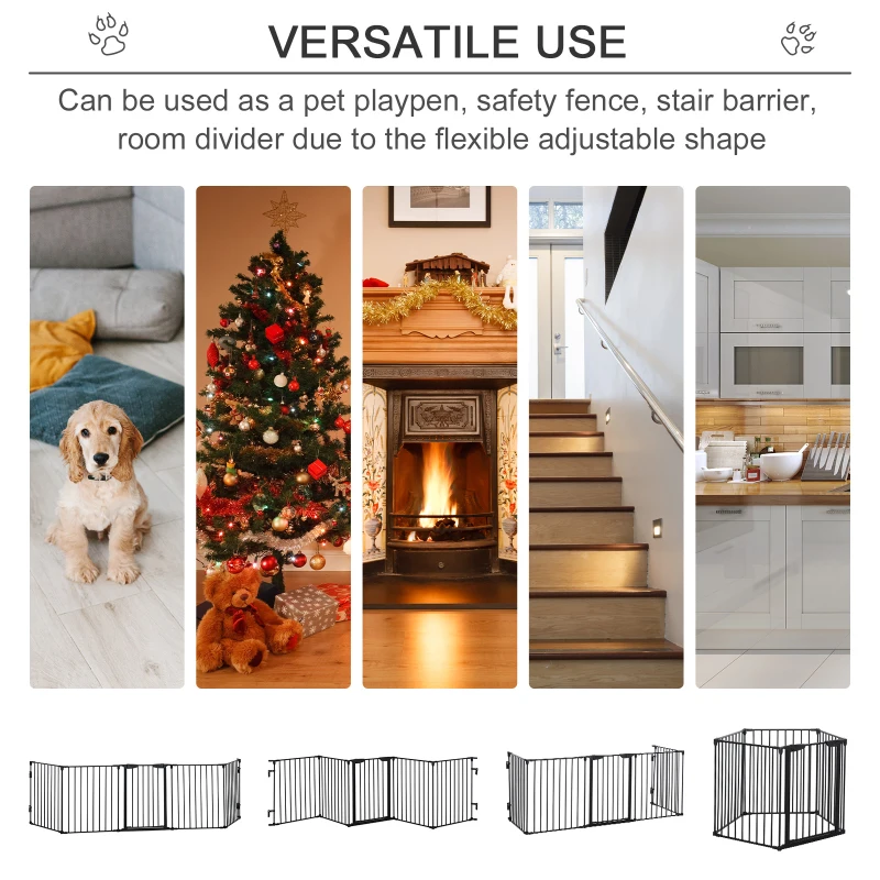 PawHut Pet Safety Gate 5-Panel Playpen Fireplace Christmas Tree Metal Fence Stair Barrier Room Divider with Walk Through Door Black