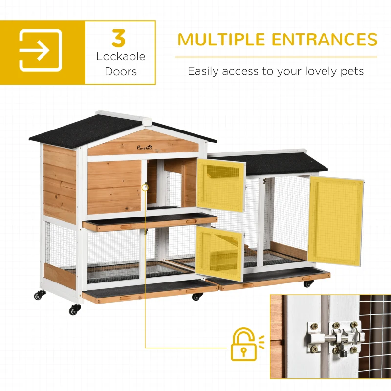 PawHut Rabbit Hutch Outdoor with Run Guinea Pig Hutch, 2-Tier Bunny Cage with Wheels, No-Leak Plastic Tray, 157.4 x 53 x 99.5 cm, Yellow(m-6)