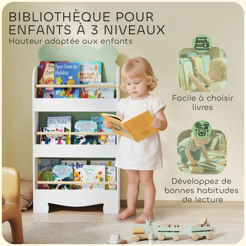 AIYAPLAY Bibliothèque pour enfant, rangement livre enfant 3 niveaux pour salle de jeux, chambre d'enfant, vert