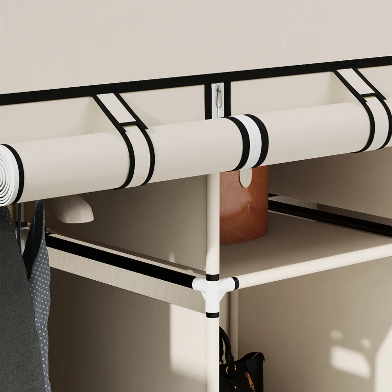 HOMCOM Roupeiro de Tecido Dobrável com 8 Prateleiras de Armazenamento e 2 Barras de Pendurar 125x43x162,5cm Creme