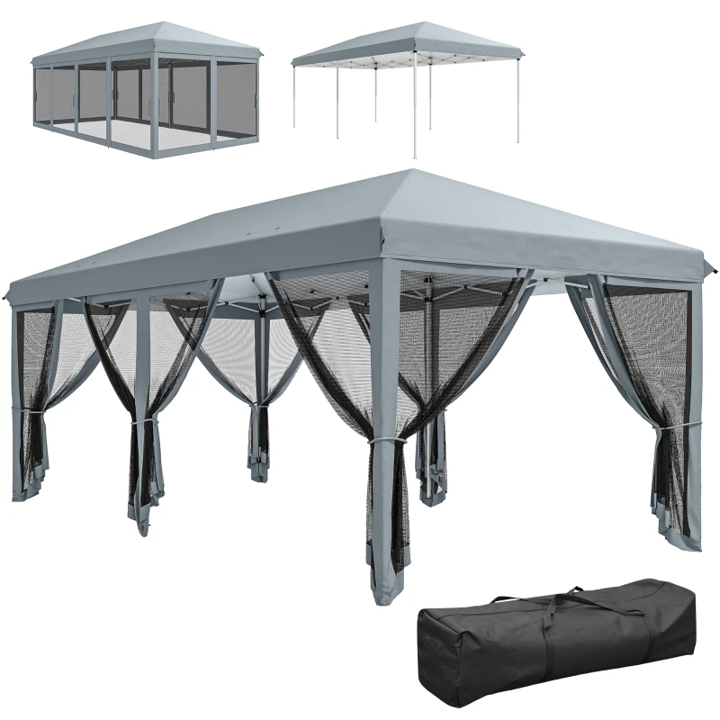 Outsunny 6 x 3m Pop Up Gazebo - Outdoor Canopy Shelter, Marquee Party Wedding Tent with 6 Mesh Walls and Carry Bag, Grey