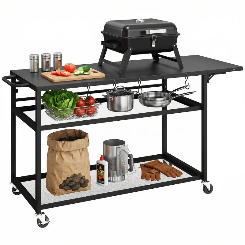 Outsunny Desserte jardin chariot de barbecue sur roulettes avec Plateau Latéral Pliable, Trois Étagères, 133 x 48,5 x 82 cm, Noir