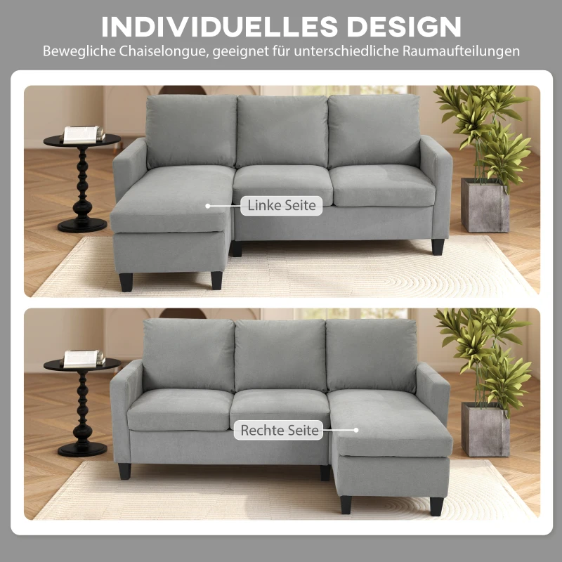 HOMCOM Ecksofa, 3-Sitzer-Sofa mit Kissen, Eckcouch, L-Form Couch, Stoffbezug, Grau(m-5)