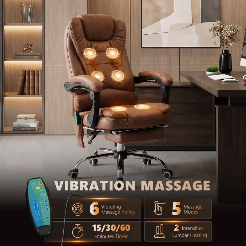Vinsetto Office Chair with 6 Point Massage and Back Heat, Microfiber Desk Chair with Footrest Adjustable Height and Swivel Wheels, Back Reclining, Brown