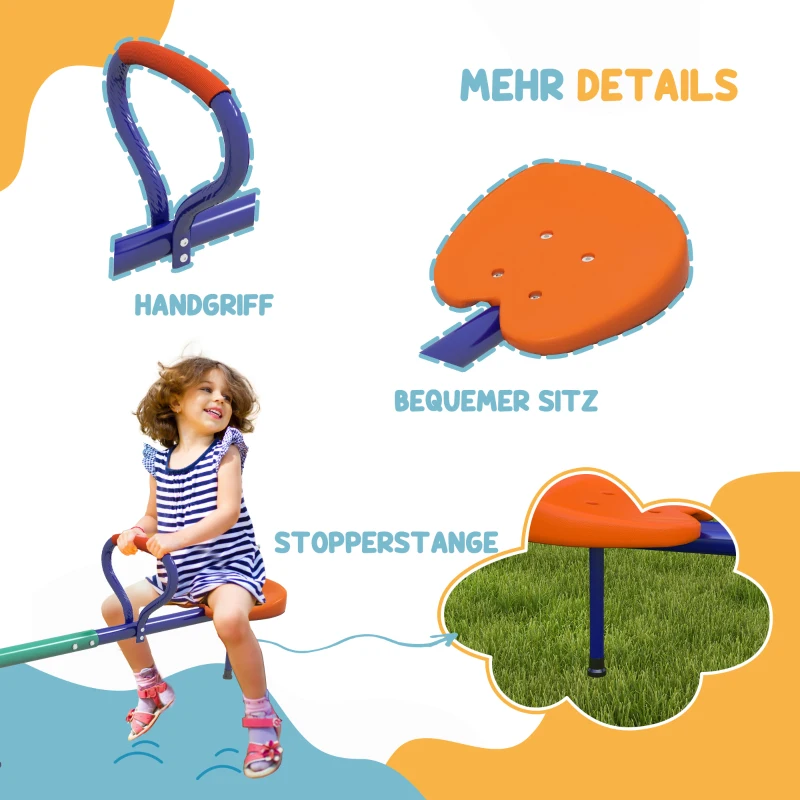 Outsunny Kinderwippe 360° drehbar 2 Sitzer UV-beständig Gartenwippe bis 90kg mit Griff 3-zackig Stützbeinen für Kinder 3-8 Jahre