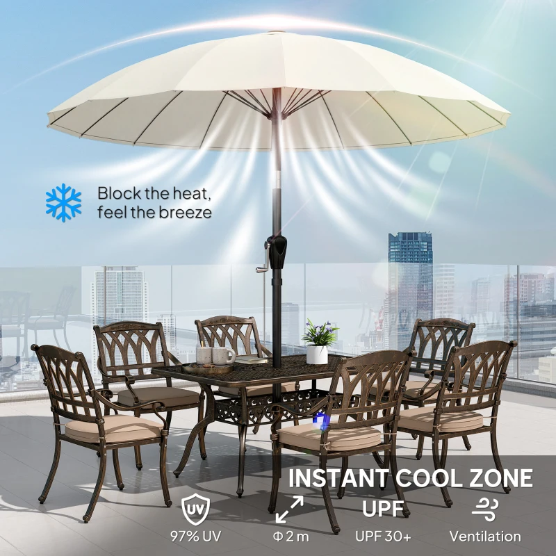 Outsunny 2 m Shanghai Garden Parasol Umbrella with 16 Fibreglass Ribs, Outdoor Parasol Sun Shade with Crank & Tilt, Cream White